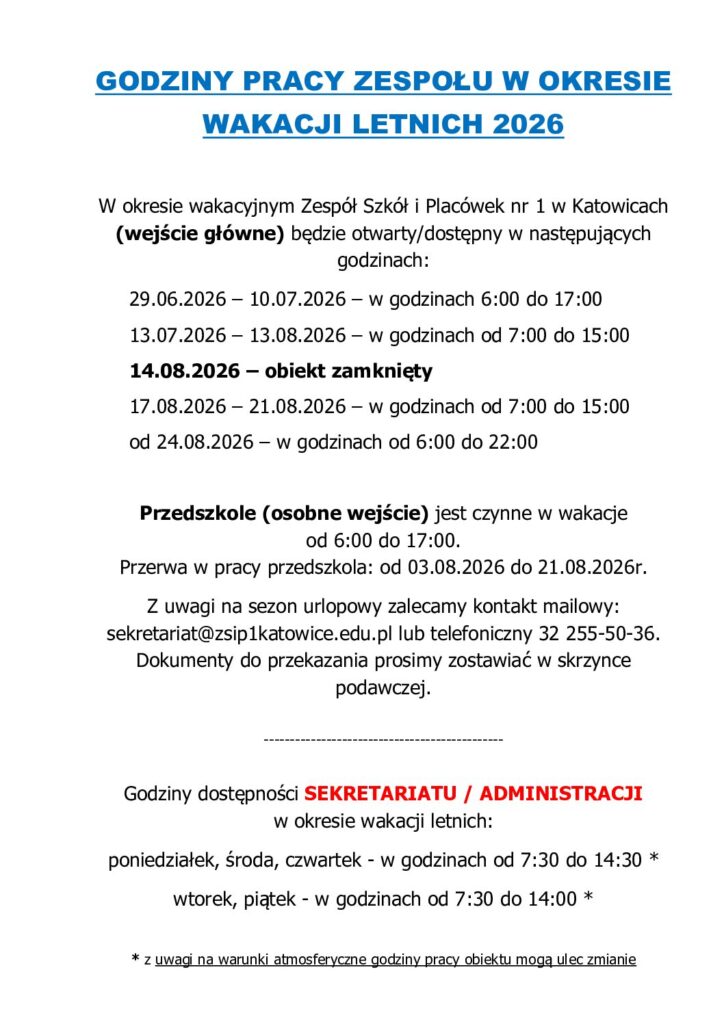 GODZINY PRACY ZESPOŁU W OKRESIE WAKACJI LETNICH 2026