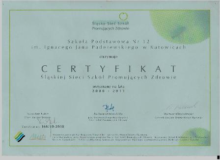 Certyfikat Śląskiej Sieci Szkół Promujących Zdrowie